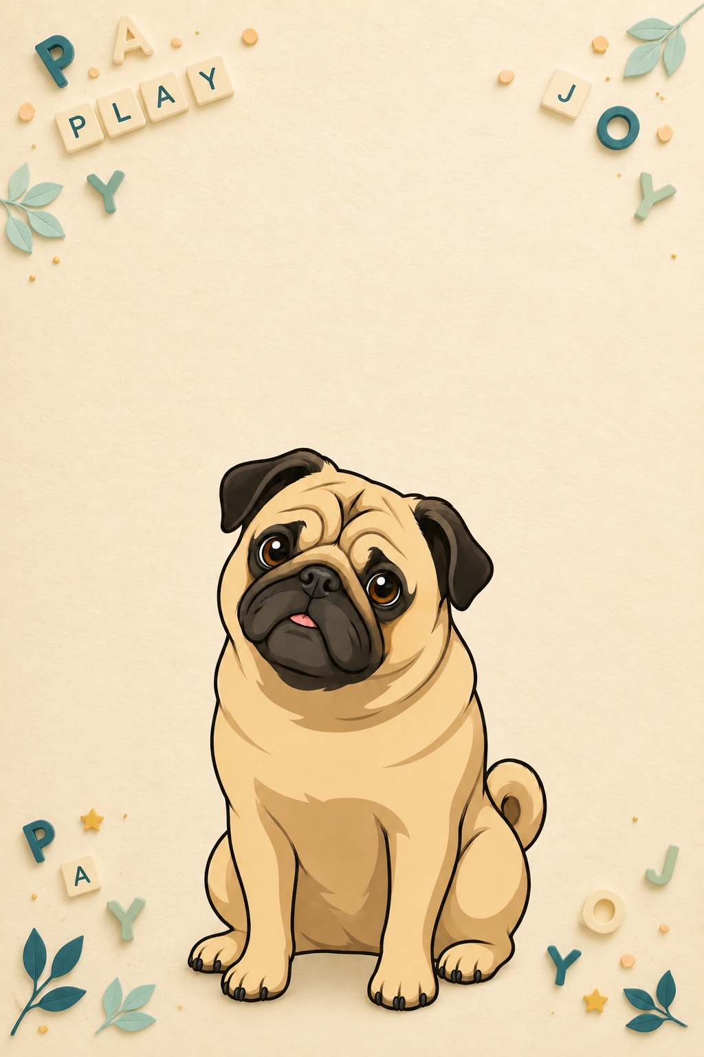 Pacey, a cartoon fawn pug with dark folded ears, brown eyes, and her little tongue peeking out, sitting among word-game letter tiles.